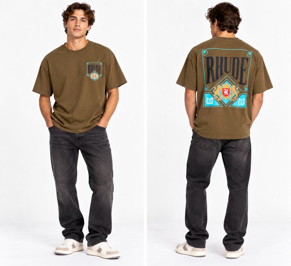 RHUDE Men's Brown Graphic Logo Crest T-Shirt XL 100% Cotton Made in USA Tee